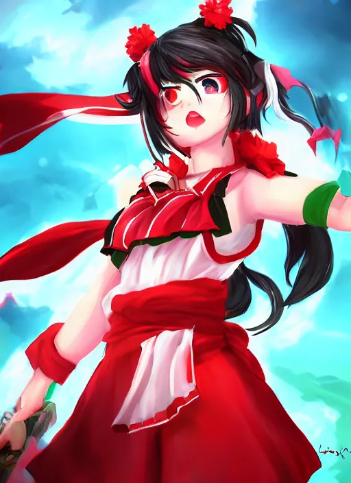 Prompt: reimu hakurei, league of legends character select art, digital art