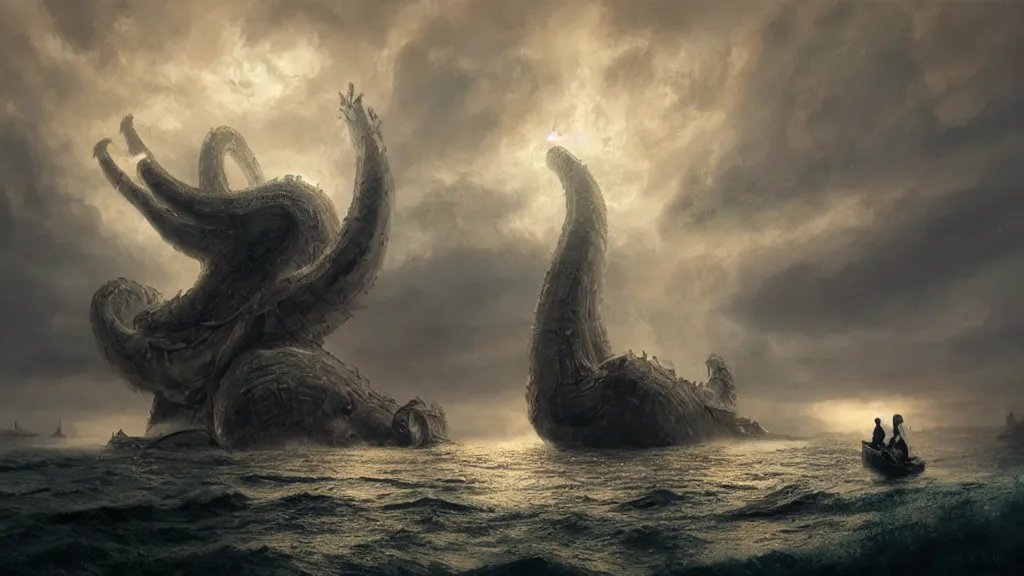 Image similar to small boat in foreground, giant big kraken in the background, lightning in background, intricate, detailed, volumetric lighting, sharp focus, scenery, photorealism, digital painting, highly detailed, concept art, ruan jia, steve mccurry