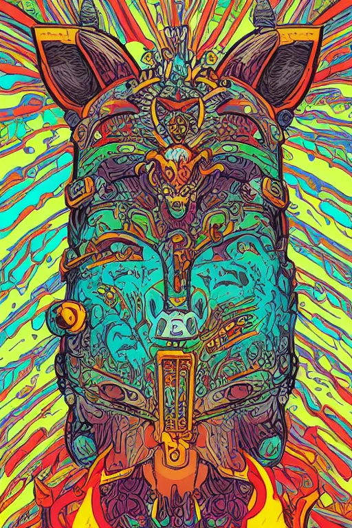 Image similar to animal mask totem roots flower tribal feather gemstone plant wood rock shaman vodoo video game vector cutout illustration vivid multicolor borderlands comics by josan gonzales and dan mumford radiating a glowing aura