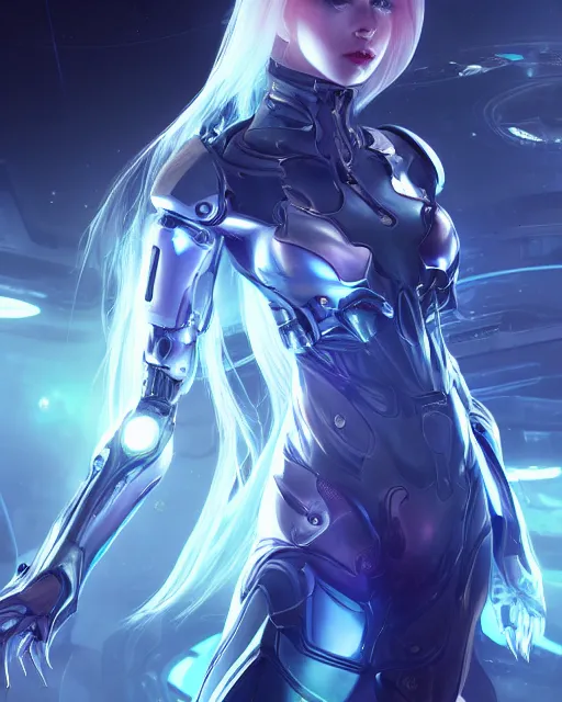 Image similar to perfect android girl on a mothership, warframe armor, beautiful face, scifi, futuristic, galaxy, nebula, raytracing, dreamy, long white hair, blue cyborg eyes, sharp focus, cinematic lighting, highly detailed, artstation, divine, by gauthier leblanc, kazuya takahashi, huifeng huang