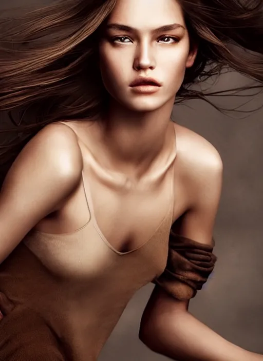 Image similar to a gorgeous female with long brown hair, photo by peter lindbergh, realistic, full body shot, wide angle, sharp focus, 8 k high definition, insanely detailed, intricate, elegant, art by stanley lau and artgerm, floating embers