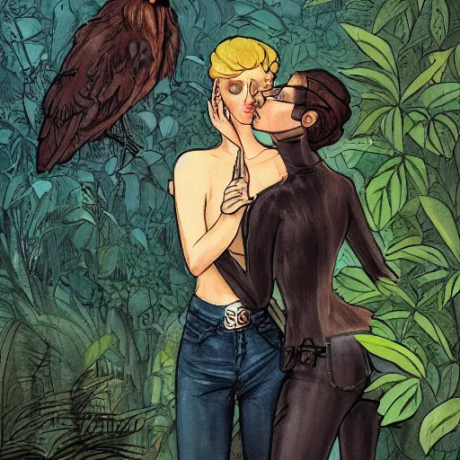 Image similar to modest short - haired handsome muscular blonde butch tomboy woman engineer standing beside taller dark fae feathered modest gothic jennifer connelly, in a beautiful lush garden at night, falling in love, highly detailed, romantic, trending on art station, illustration, mike mignola, comic book