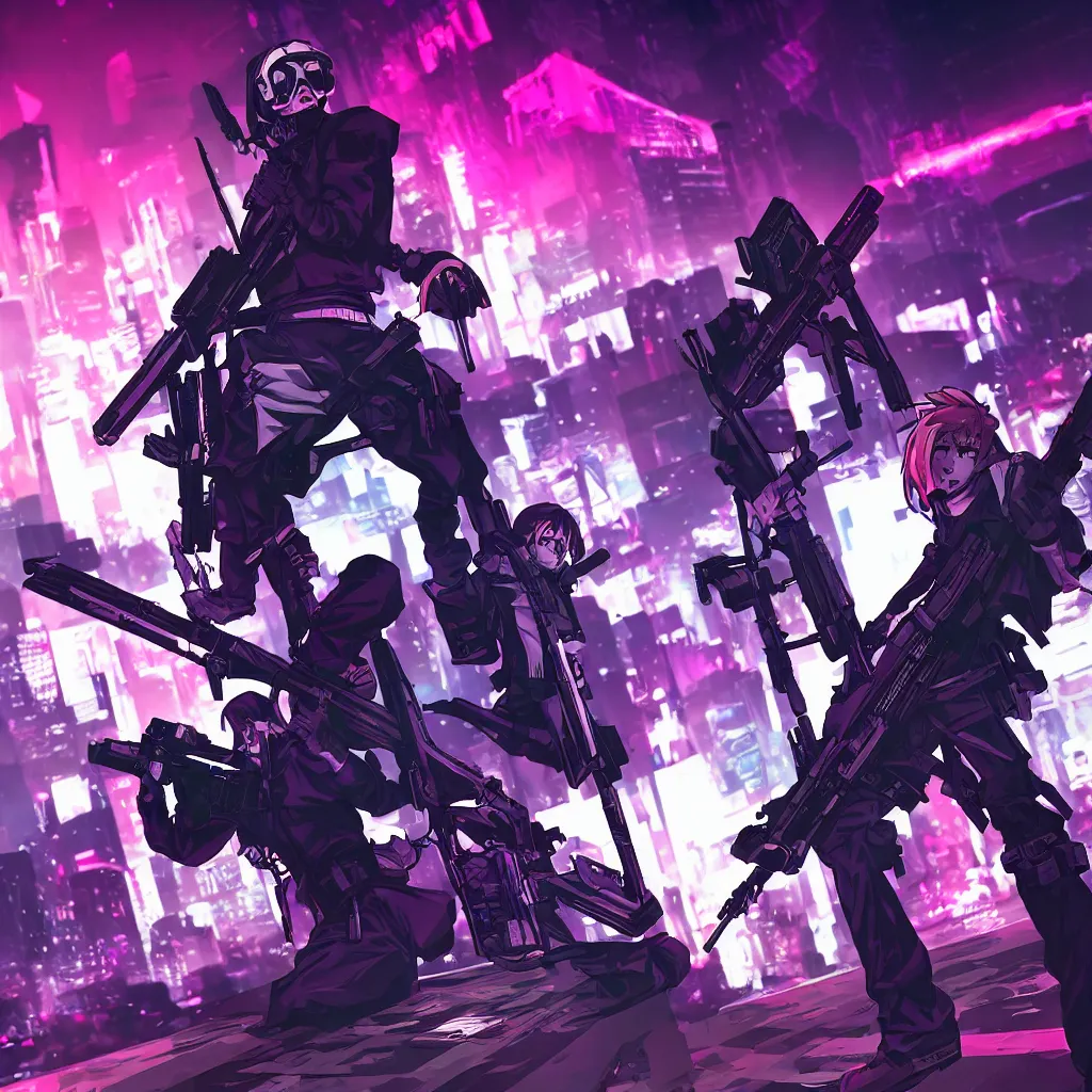 Image similar to portrait of Reaper (The World Ends With You) holding gun, cyberpunk aesthetic, city skyline on background, neon lights, glow, retrowave style