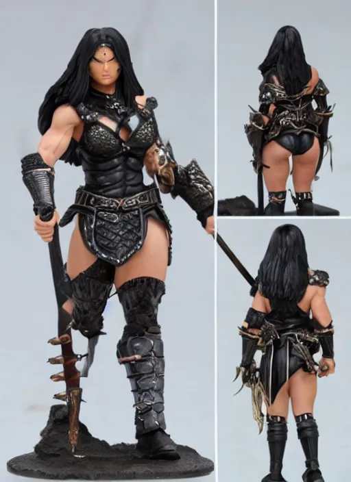 Prompt: 80mm resin detailed miniature of Queen of barbarian, black female, clothed in armor, circlet, very muscular, black hair, beautiful bone structure, symmetrical facial features, Product Introduction Photos, 4K, Full body, view from behind