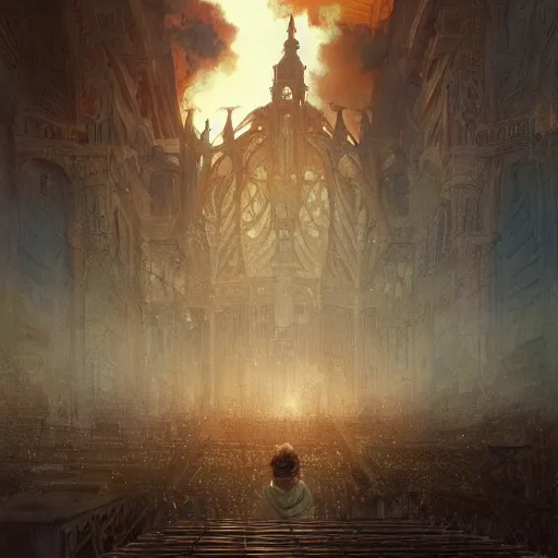 Prompt: portrait of a pipe organ facade surrounded by smoke, battle damage, sunset glow around head, full body portrait, intricate, elegant, highly detailed, digital painting, artstation, concept art, smooth, sharp focus, illustration, art by artgerm and greg rutkowski and alphonse mucha, background is a city in ruins