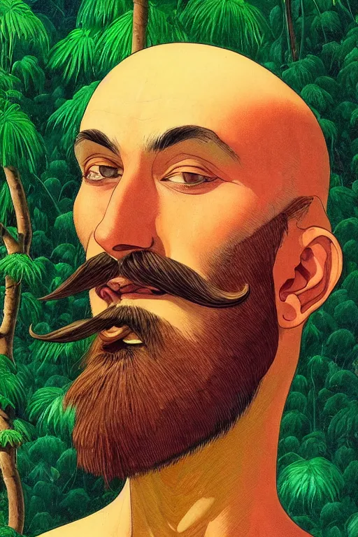 Prompt: a colorful closeup portrait of a handsome young bald man with a very long wild beard and handlebar moustache riding a motorcycle and dreaming psychedelic hallucinations in the overgrown landscape of amazon jungle, by kawase hasui, moebius and edward hopper, colorful flat surreal design, hd, 8 k, artstation