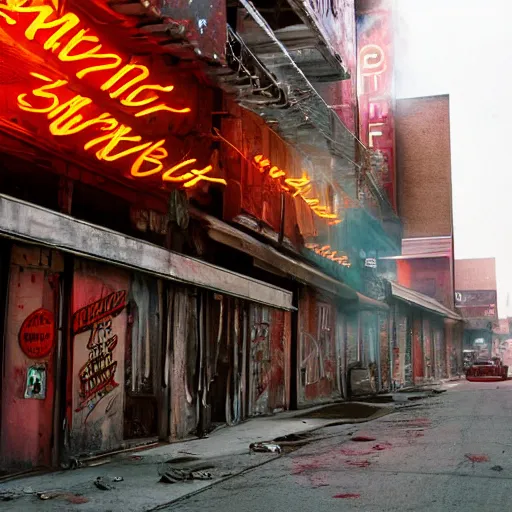 Prompt: thin tendrils of colored smoke whip and swirl around him as he walks down the lonely street of abandoned neon - lit storefronts