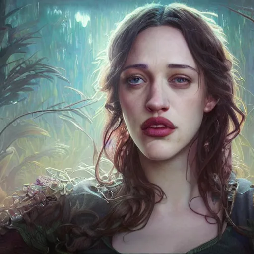 Image similar to Hyper realistic detailed portrait of Kat Dennings, Stephen Bliss, unreal engine, fantasy art by Greg Rutkowski, Loish, Rhads, ferdinand knab, Makoto Shinkai and Lois van baarle, ilya kuvshinov, rossdraws, Tom Bagshaw, alphonse mucha, global illumination, radiant light, detailed and intricate environment, highly detailed, award winning art