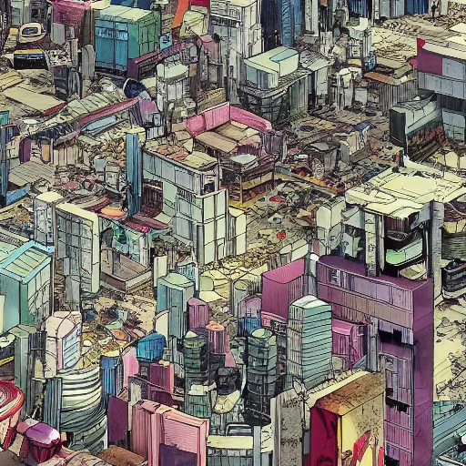 Prompt: futuristic slum city, tekkonkinkreet, ghost in the shell, akira, favela,