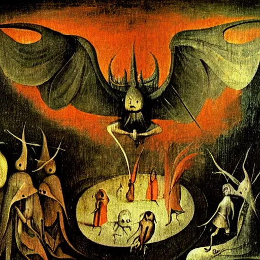 Image similar to vision of hell with winged demons flying over the flames art by hieronymus bosch