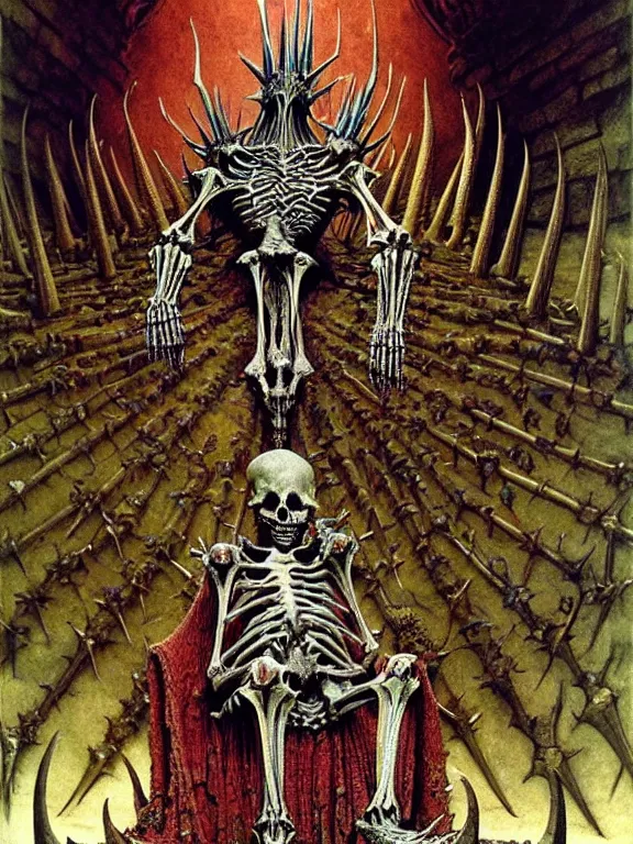 Prompt: A little vibrant. A spiked horned detailed semiork-semihuman skeleton with armored joints stands in a large cavernous throne room with a pebble in hands. Wearing massive shoulderplates, cloak. Extremely high details, realistic, fantasy art, solo, masterpiece, bones, ripped flesh, colorful art by Zdzisław Beksiński, Arthur Rackham, Dariusz Zawadzki, Harry Clarke