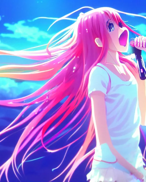 Image similar to anime style, vivid, expressive, full body, 4 k, a cute girl with white skin and long pink wavy hair singing a song, heavenly, stunning, realistic light and shadow effects, happy, centered, landscape shot, happy, simple background, studio ghibly makoto shinkai yuji yamaguchi