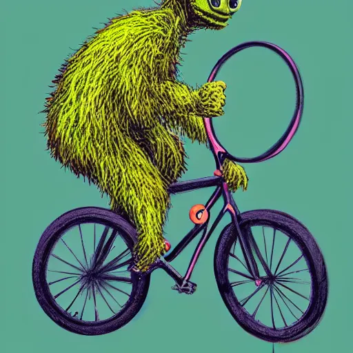 Prompt: a tennis ball monster, tennis ball, dark, chalky, riding a bike, digital art, fantasy, magic, trending on artstation, ultra detailed, professional illustration by Basil Gogos