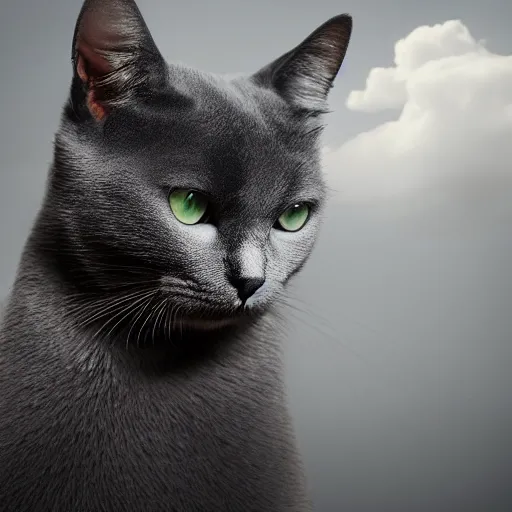 Image similar to a dark grey cat on a cloud floating in the sky, photography photorealistic