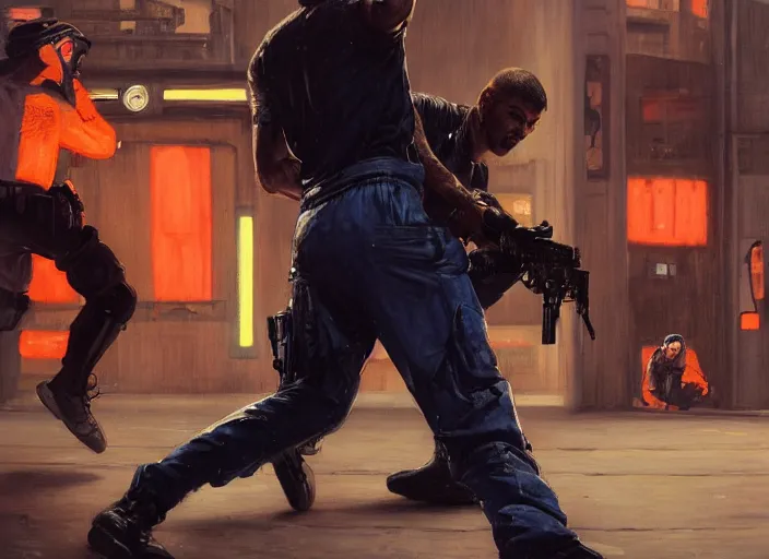 Prompt: Javier evades sgt Nash. Cyberpunk boxer in orange jumpsuit escaping menacing police troopers (blade runner 2049). attractive face. Epic painting by john william waterhouse and Edwin Longsden Long and Theodore Ralli and Nasreddine Dinet, oil on canvas. Cinematic, hyper realism, realistic proportions, dramatic lighting, high detail 4k