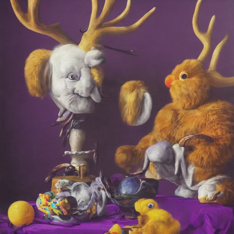 Image similar to rare hyper realistic portrait painting by dutch masters, studio lighting, brightly lit purple room, a blue rubber ducky with antlers laughing at a giant crying rabbit with a clown mask