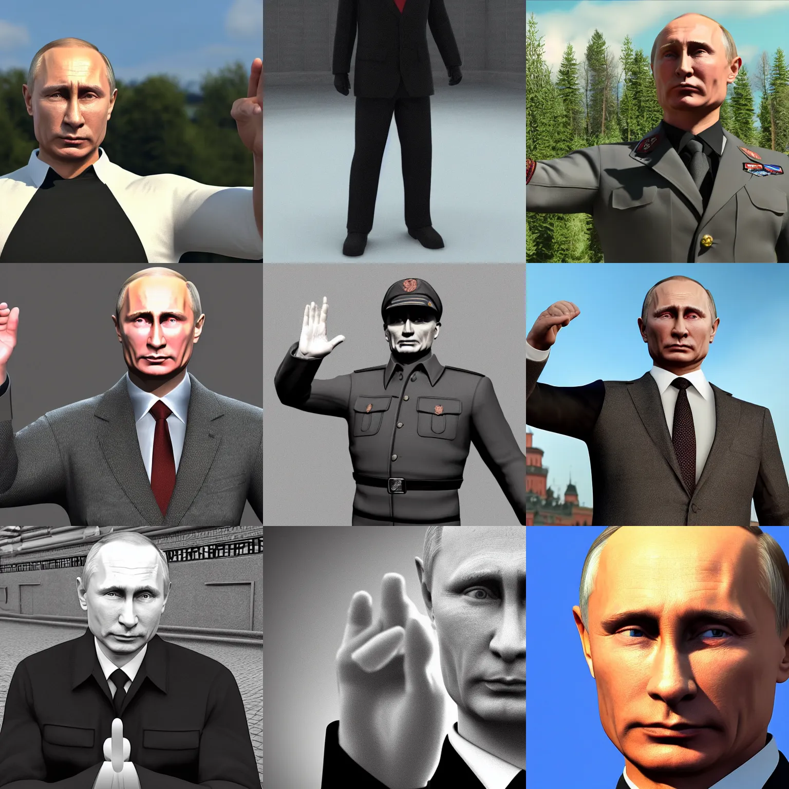Prompt: vladimir putin doing a nazi salute!!!!!, highly detailed, rtx, unreal engine 5, 8 k, symmetrical face, good quality, fool body view,