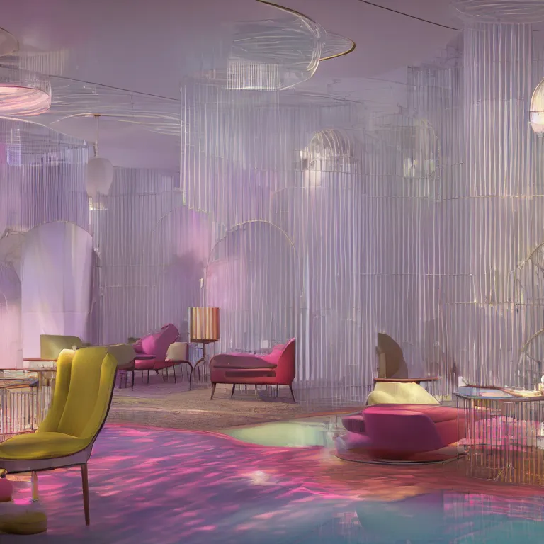 Prompt: octane render by ricardo bofill and buckminster fuller and robert hubert and weta digital, inside a high - end exotic colorful pastel vintage boutique hotel lounge, deep depth of field, 8 k, cinema 4 d, raytraced lighting and reflections, very sharp focus, crisp render, trending on cgsociety