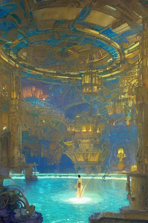 Prompt: Concept Digital Art Highly detailed Art Deco Cybertronian lazy river inside of the Palace of the Primes with glowing blue water at night by greg rutkowski, Ilya repin, alphonse mucha, and Edmund Blair Leighton. Very highly detailed 8K, octane, Digital painting, the golden ratio, rational painting