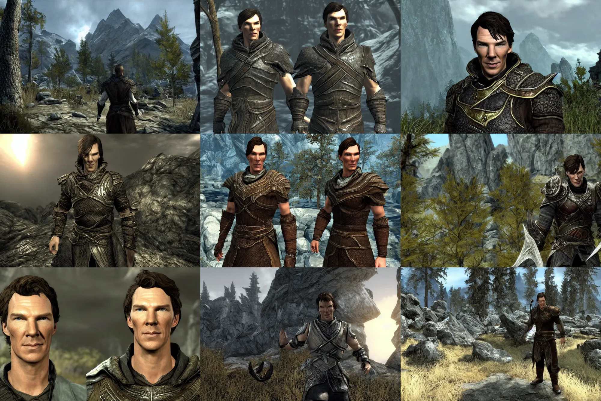 Prompt: a screenshot of benedict cumberbatch in the video game skyrim. 3 d rendering. unreal engine. amazing likeness. very detailed. cartoon caricature.