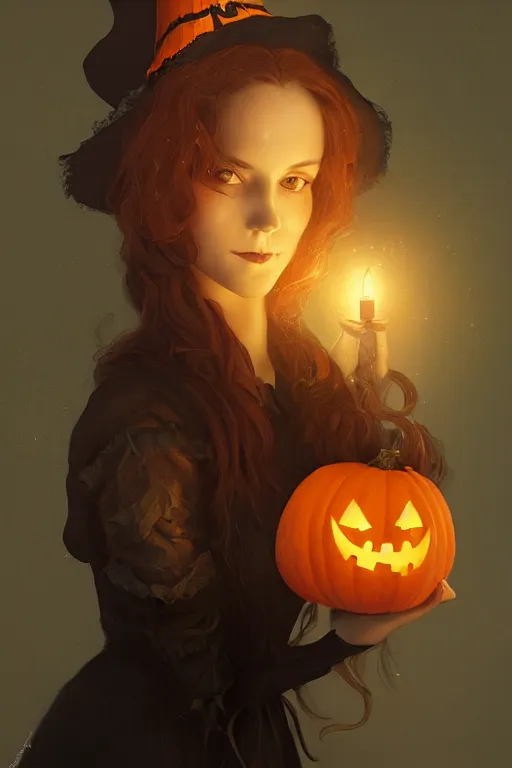 Image similar to portrait of a beautiful victorian witch holding a jack - o - lantern, halloween night, charlie bowater, artgerm, ilya kuvshinov, krenz cushart, ruan jia, realism, ultra detailed, 8 k resolution