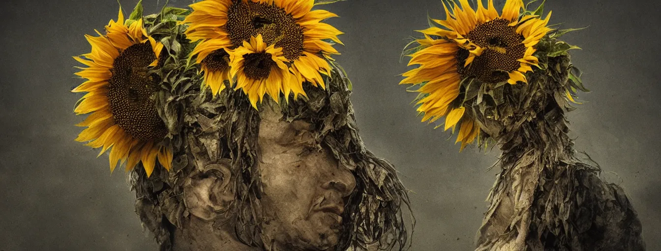 Image similar to old soldiers head being overgrown by sunflowers on Krim, Moscow in background, dark, eerie, despair, portrait photography, artstation, digital art, adward winning, concept art, artstation, highly detailed, sharp focus, by caravaggio
