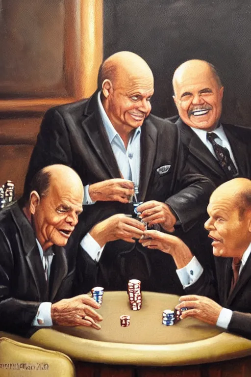 Prompt: don rickles and norm macdonald are playing poker in a smoky old pub, oil painting by wilson mclean, sharp focus, masterpiece, highly detailed