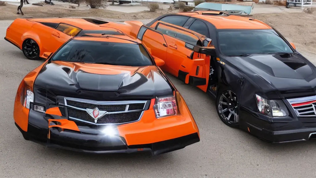 Prompt: A Pontiac Grand Am crossed with a Cadillac CTS-V, orange and black