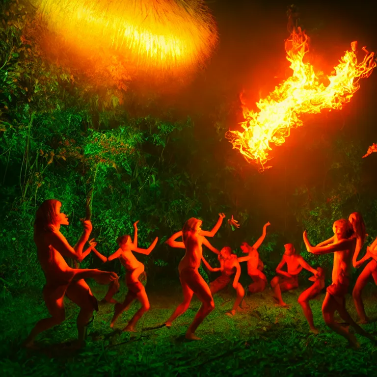 Prompt: real life 1 2 monkeys dancing around a fire in a jungle, cinematic, volumetric lighting, vivid colours, f 8 aperture, cinematic eastman 5 3 8 4 film, photorealistic