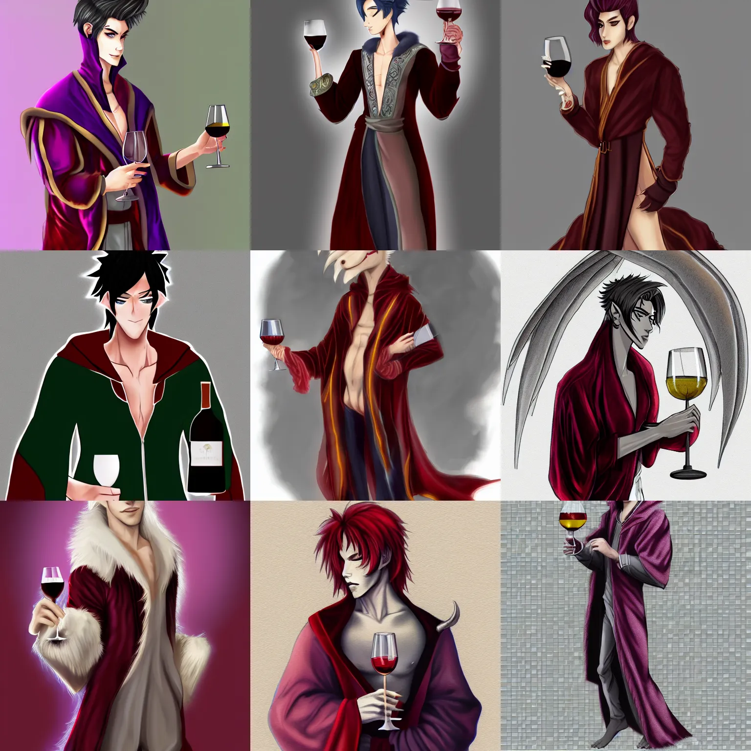 Prompt: very very beautiful young male anthro silver dragon, wearing a luxurious velvet robe, holding a glass of wine, commission on furaffinity, artstation, high quality colored sketch, warm colors