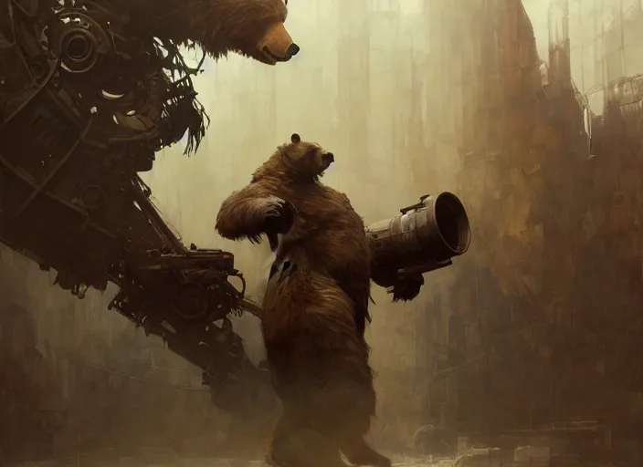 Image similar to a giant bear with a giant cannon in his back, exoskeleton, technology, elegant,, highly detailed, digital painting, artstation, concept art, smooth, sharp focus, illustration, art by krenz cushart and artem demura and alphonse mucha