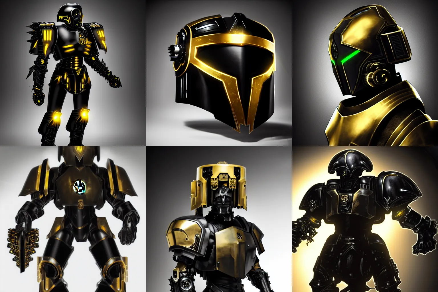 Prompt: resonant genetically augmented soldier high tech armored helm designed by hp warhammer 4 0 k in ominous black and gold with cyborg lights, sleek elegant psychic caster's helmet, high octane cybernetics, ultra 4 k concept turnaround