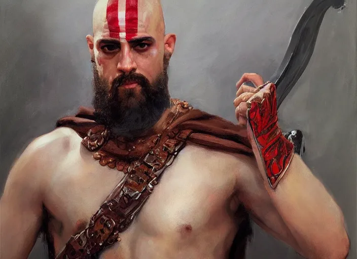 Image similar to a highly detailed beautiful portrait of bad bunny as kratos, by gregory manchess, james gurney, james jean