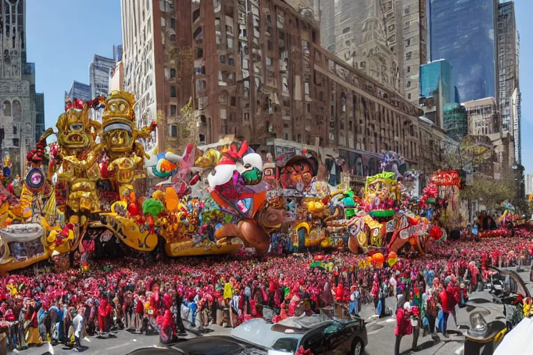 Image similar to photo of giant elaborate parade float designed by geoff darrow!!!! and ( ( ( ( ( ( rick and morty ) ) ) ) ) ), in the macys parade, detailed 4 k photo