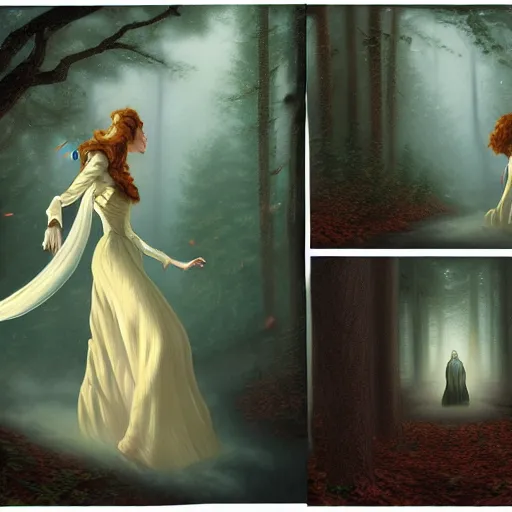 Prompt: in the style of thomas kinkade, abigail larson, joshua middleton, transparent female ghost screaming, flowing dress, middle shot, symmetrical face, symmetrical eyes, in the woods, moody lighting, dark fantasy