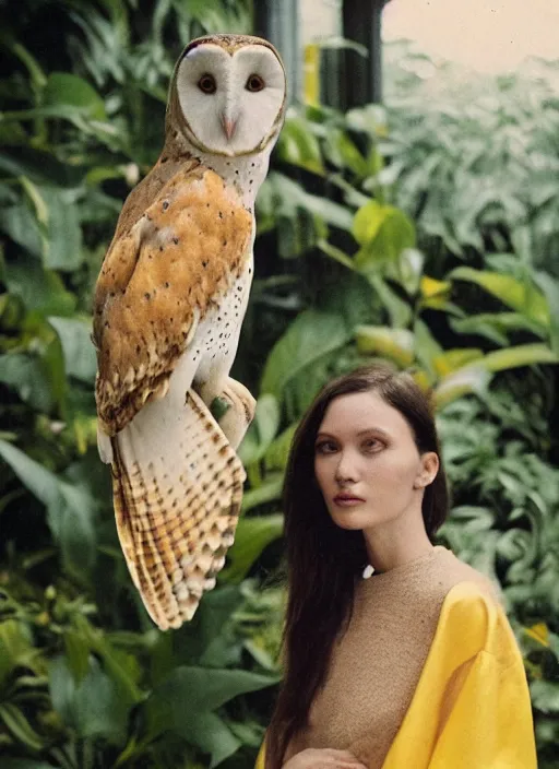 Image similar to grainy head to shoulder portrait Polaroid film photograph of an elegant top model wearing a yellow kimono with a very detailed barn owl on her shoulder!!! in a tropical greenhouse. looking at the camera!!. super resolution. Polaroid 600 film. art by Alessio albi and Annie Leibovitz.