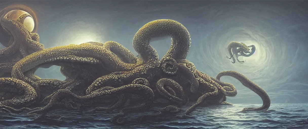 Image similar to detailed hyper realistic alien octopus ,alien snake, floating island, beautiful dramatic moody lighting, cinematic atmosphere, by Jean Giraud, Alex Grey, Zdzislaw Beksiński, Dan Mumford, Patiphan Sottiwilaiphong, Yintion J - Jiang Geping