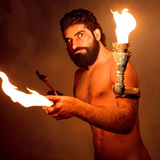 Prompt: award winning cinematic still portrait of intense 27 year old Mediterranean skinned man in Ancient Canaanite clothing, holding a flaming torch, beard, short hair, Nighttime. Army holding torches in the background, action, violence, Biblical epic directed by Steven Spielberg