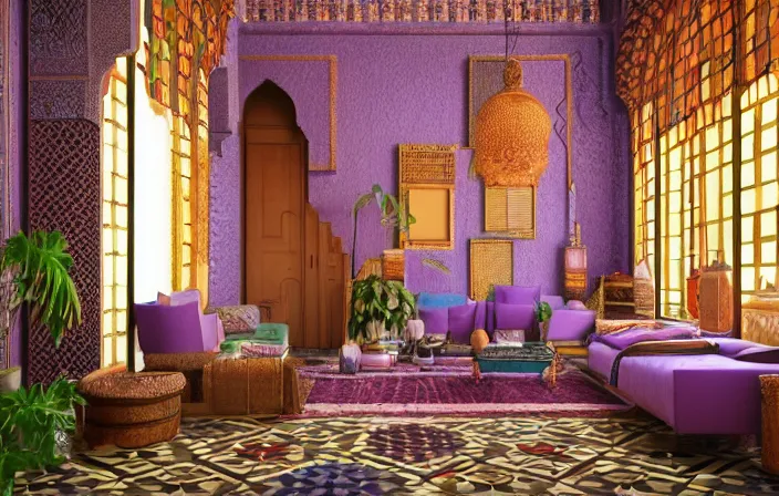 Prompt: Moroccan-style room with colorful tiles and heavy fabrics, stunning interior design, lavender colors, Rustic-interior-lighting, nice-view, stunning-design, quiet, style of Syrie Maugham, 4k, wide-perspective, grand-composition, concept-art, highly-detailed, sublime, dramatic, cinematic