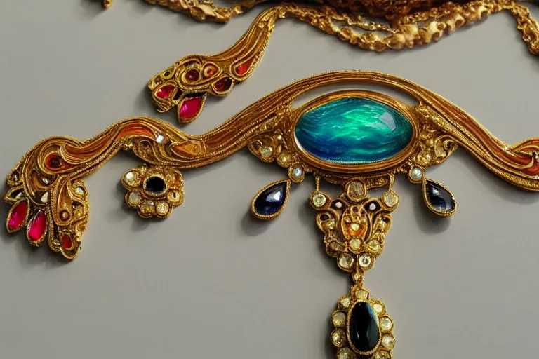 Prompt: highly detailed oil painting, front view, very realistic gemstones, art nouveau, ornate, delicate, brilliant precious gemstones necklace, necklace on display in an oval, dramatic light,