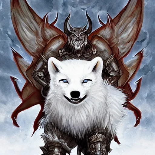 Image similar to angry devil white polar fox with sharp teeth wearing medieval armor presented as god of destruction, ice and fire, postapocalyptic world, hyperrealistic, highly detailed