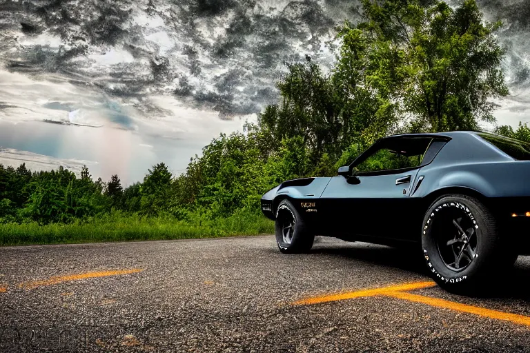 Image similar to pontiac firebird trans - am with black paint, sunrise, eerie light, fireflies, dog watching the car, dramatic, cinematic, forest, horror, sunbeams, volumetric lighting, wide shot, low angle, lightning storm hitting the car, ground cracking open to reveal a portal to hell