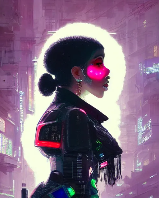 Image similar to detailed side profile portrait Cardi B, cyberpunk futuristic neon, reflective puffy coat, decorated with traditional Japanese ornaments by Ismail inceoglu dragan bibin hans thoma greg rutkowski Alexandros Pyromallis Nekro Rene Maritte Illustrated, Perfect face, fine details, realistic shaded, fine-face, pretty face