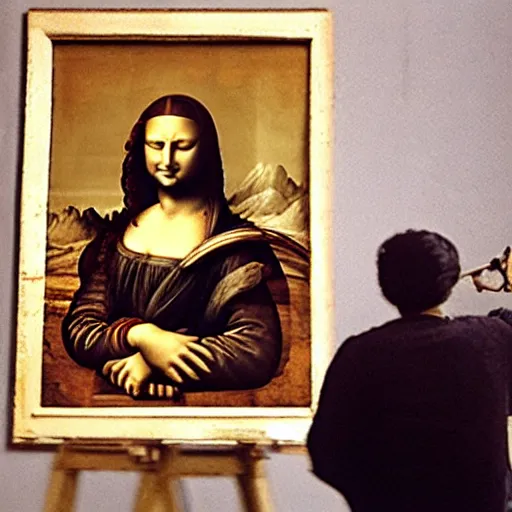 Prompt: rare old photo from behind of leonardo da vinci painting his unfinished painting of monalisa