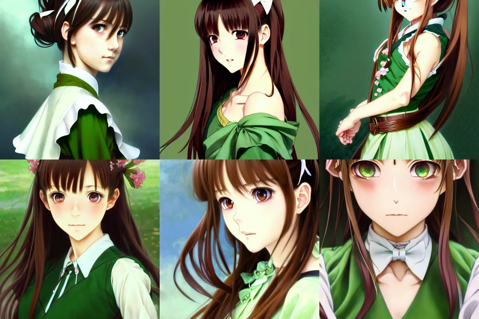 Prompt: full body portrait of a beautiful anime high school girl, brown hair, ponytail, white ribbon, green eyes, full perfect face, slightly smiling, western, fantasy, intricate, elegant, highly detailed, digital painting, artstation, detailed school background, matte, sharp focus, illustration, art by Artgerm, Greg Rutkowski, Alphonse Mucha, Sasoura, Satchely, no distorsion