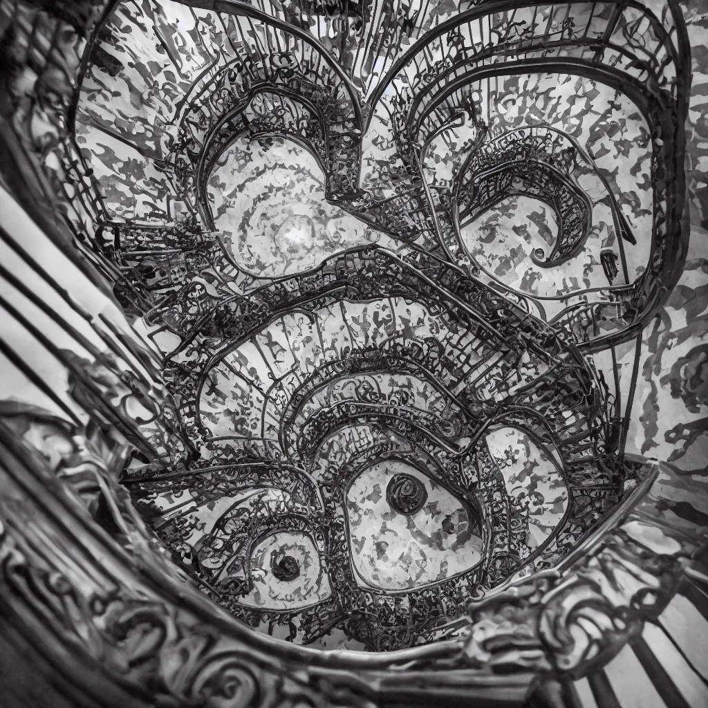 Image similar to movie still, grand spiral staircase going down deep in a dark hole, baroque, by gaudi, dramatic volumetric cinematic light, chiaroscuro, leica, high quality, high detailed, detailed patterns pop art