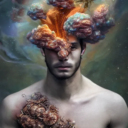 Prompt: beautiful detailed cgi matte painting male brad pit of thailand, by ellen jewett, alessio albi | symmetrical features, ominous, alluring, vivacious, realism, intricate, ornate, royally decorated, organic, growth, whirling nebulas, glowing particles, colorful refractive adornments, torn nebulas, radiant nebula colors