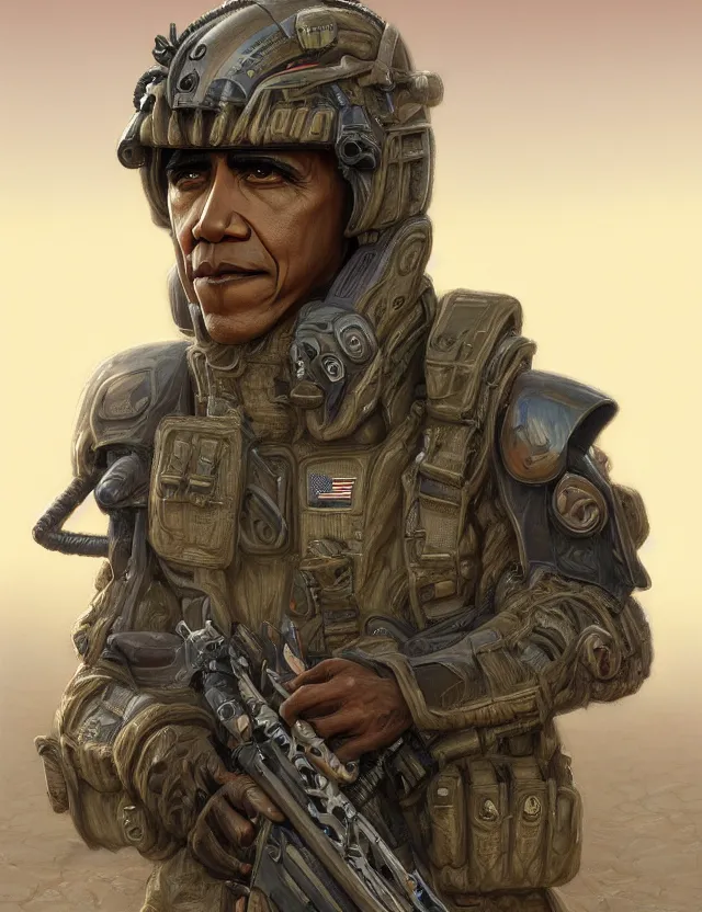 Image similar to a portrait of barack obama wearing tactical combat desert camouflage gear, by moebius and tyler edlin and hr giger, trending on artstation, digital art, 4 k resolution, detailed, high quality, sharp focus, hq artwork, coherent, insane detail, concept art