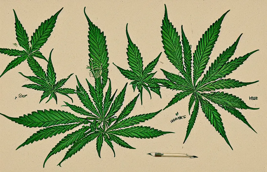 Image similar to botanical diagram of cannabis, pencil and pen illustration