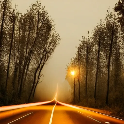 Prompt: television tower behind the trees at night with a man and car on the road in front with the fog, in the style of david lynch, movie camera low aperture
